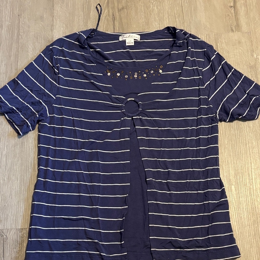 Tradition‎ Elegant Navy and White Striped Short Sleeve Top